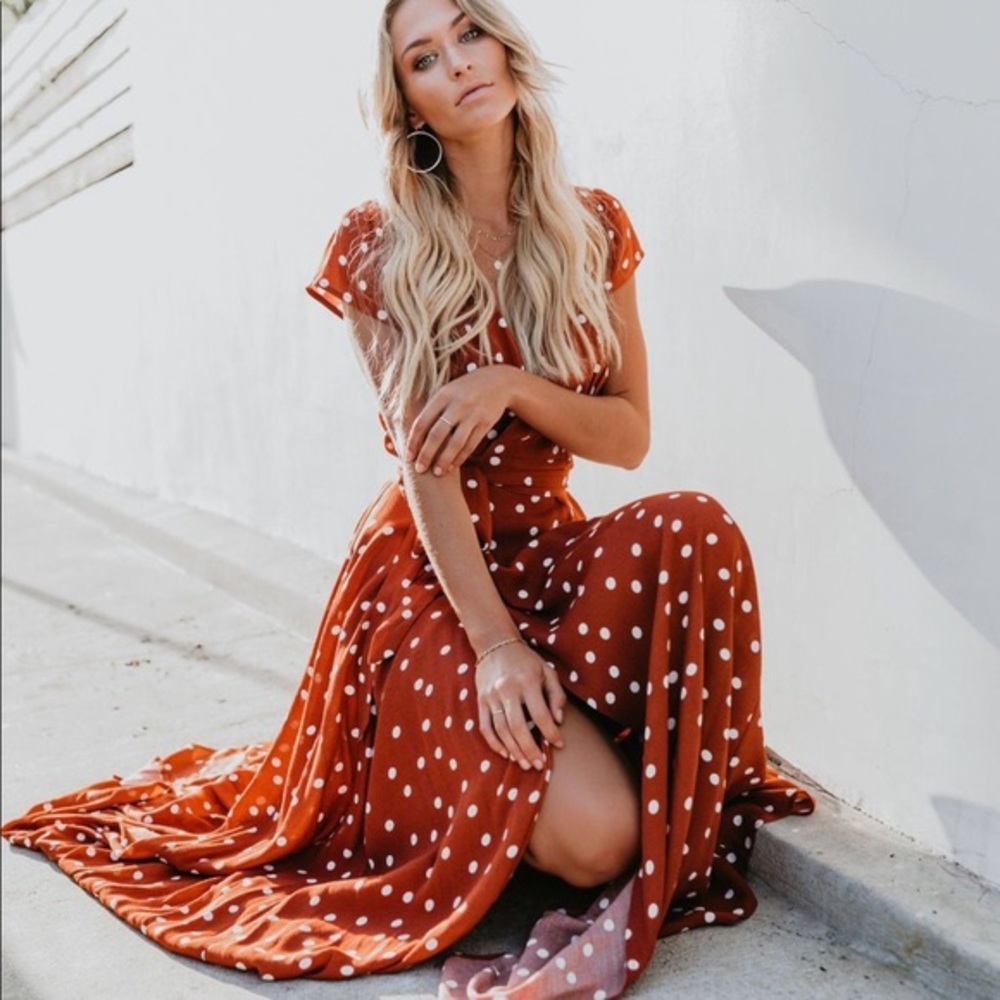 Vici Burnt Orange Polka Dot Wrap Maxi Dress Sz L